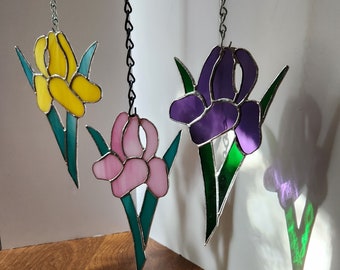Blau Iris Suncatcher Aus Echtem Buntglas – Ca. 17,8 Cm Hoch, Mit Silbernem Finish