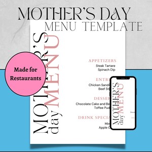 Mother&#39;s Day Menu | Customizable Template for Restaurant managers, chefs, event planning | Printable or Digital menus | Modern, pink, Gift