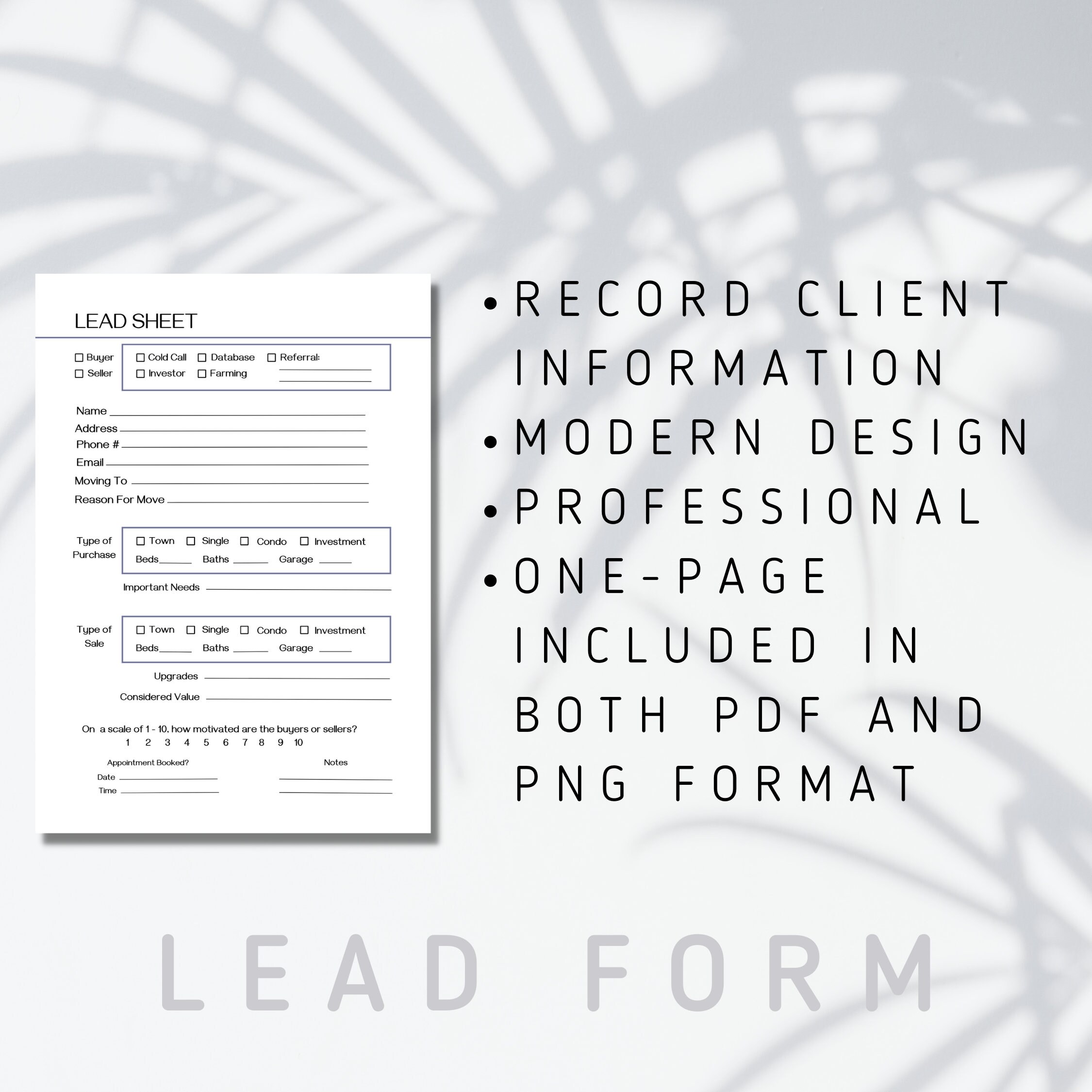 Real Estate Agent Lead Sheet | One-page Printable or Digital Lead Form ...