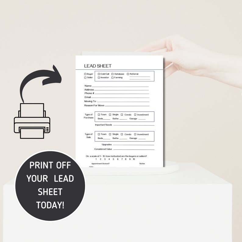 Real Estate Agent Lead Sheet | One-page Printable or Digital Lead Form ...