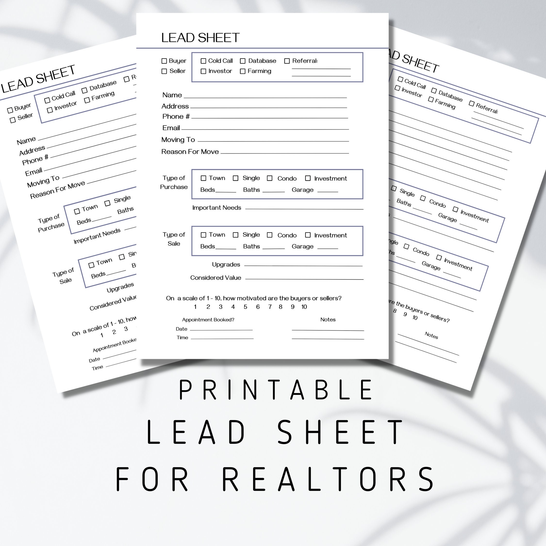 Real Estate Agent Lead Sheet | One-page Printable or Digital Lead Form ...
