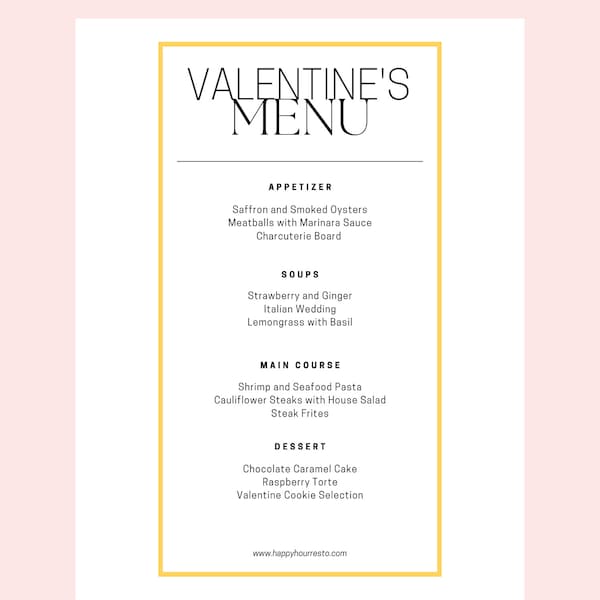 Dinner Menu Card | Restaurant, Dinner Party, Valentine's Day, Special Occasion, Engagement, Bridal, Wedding Classic Menu | Classy, Simple