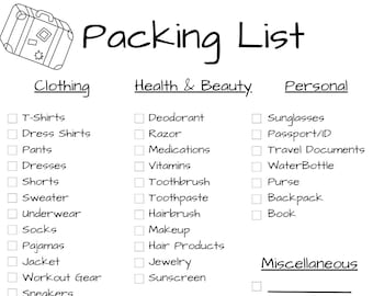 Blank Vacation Packing List Printable, Packing List Template, Packing ...