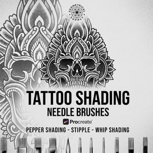 Könnte beinhalten: Schwarz-Weiß-Bild mit Tattoo-Schattierungsnadelbürsten. Das Design umfasst einen Schädel und florale Elemente. Der Text lautet "TATTOO SHADING NEEDLE BRUSHES" mit "Pepper Shading - Stipple - Whip Shading" darunter.
