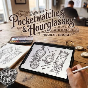 Könnte beinhalten: Auf einem Holztisch liegen ein digitales Tablet mit Tattoo-Designs von Taschenuhren und Sanduhren, ein Skizzenbuch und eine Aquarellpalette. Der Text lautet "Pocketwatches & Hourglasses Tattoo Design Builder Procreate Brushset."