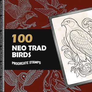 May include: A digital graphic featuring the text 100 NEO TRAD BIRDS PROCREATE STAMPS. The design includes line art illustrations of various birds, including a hawk, a crow holding a key, and an owl, set against a dark red background.