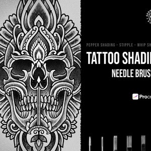 May include: Black and white illustration of a skull with intricate details, surrounded by a floral pattern. The text "TATTOO SHADING NEEDLE BRUSHES" is displayed in white on a black background. The image also includes the text "Procreate" and a logo for "GEOMETRICAL SUPPLY".