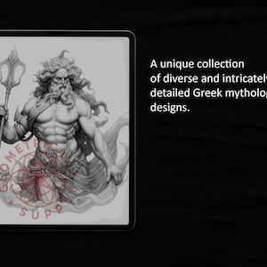 May include: A black and white digital illustration of Poseidon, the Greek god of the sea, holding a trident. He is depicted with a long beard and flowing hair. The image is set against a background of swirling waves.