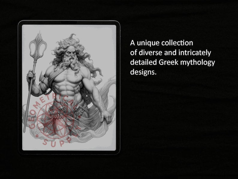 May include: A black and white digital illustration of Poseidon, the Greek god of the sea, holding a trident. He is depicted with a long beard and flowing hair. The image is set against a background of swirling waves.