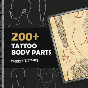 Peut inclure: Une collection numérique de 200+ tampons Procreate de parties du corps pour tatouage, avec des contours en ligne blanche sur fond noir, et une tablette affichant des motifs de tatouage floraux et mandala détaillés sur la peau.