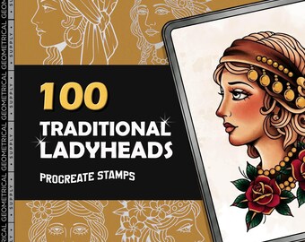 100 Traditional Tattoo Lady Heads for Procreate | Old School Flash Designs