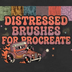 Könnte beinhalten: Retro-Grafik mit dem Text "DISTRESSED BRUSHES FOR PROCREATE". Ein Oldtimer mit einem Kassettenband als Fahrer und einer Schallplatte als Beifahrer. Der Hintergrund ist dunkelgrau mit farbigen Texturen.