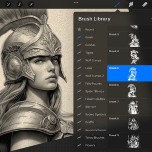 May include: A digital art app screen showing a brush library with a selection of brushes labeled "Greek 3" through "Greek 9". The selected brush is "Greek 5" and shows a black and white image of a woman wearing a helmet and armor.