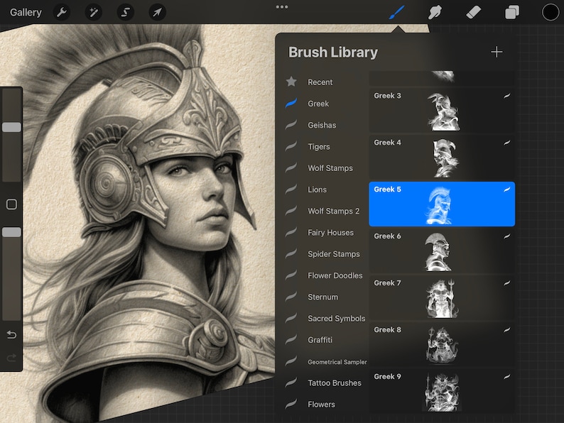 May include: A digital art app screen showing a brush library with a selection of brushes labeled "Greek 3" through "Greek 9". The selected brush is "Greek 5" and shows a black and white image of a woman wearing a helmet and armor.