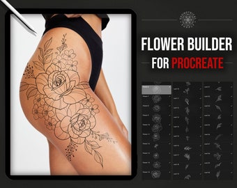 Voortplanten - bloemen en bladeren, bloemenborstels, tattoo-stempels, pioenroos, rozen, bladeren, bloemen tattoo-ontwerpbouwer