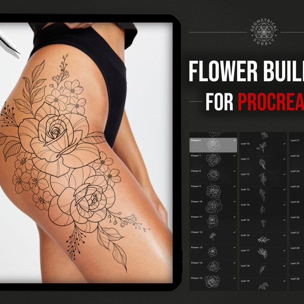 Voortplanten - bloemen en bladeren, bloemenborstels, tattoo-stempels, pioenroos, rozen, bladeren, bloemen tattoo-ontwerpbouwer