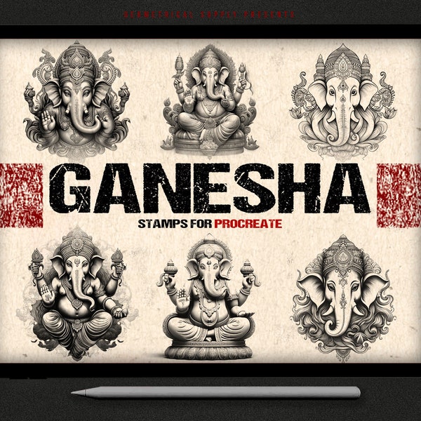 Procreate - 12 Ganesha Designs - Ganesha Tattoo Stamps - Digital Download- Ganesh Brushset