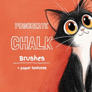 May include: Illustration of a black and white cat with large orange eyes on an orange background. Text reads "Procreate Chalk Brushes + paper textures". Swatches of color are on the left side of the image.