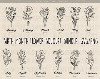 BirthMonth Flowers Bouquet Svg Bundle | Birth Month Flower Svg | Botanical Birthday svg - png | Digital Download