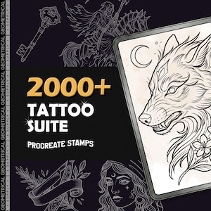 Può includere: Una grafica digitale con il testo 2000+ TATTOO SUITE PROCREATE STAMPS in oro e bianco. Lo sfondo mostra illustrazioni a linee bianche di un lupo, un tristo mietitore, una chiave, un rasoio e un volto su una superficie viola scuro.