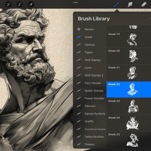 May include: A screenshot of a digital art app showing a brush library with a variety of brush options. The brush library is titled "Brush Library" and includes options such as "Greek 19", "Greek 20", "Greek 21", "Greek 22", "Greek 23", "Greek 24", and "Greek 25".
