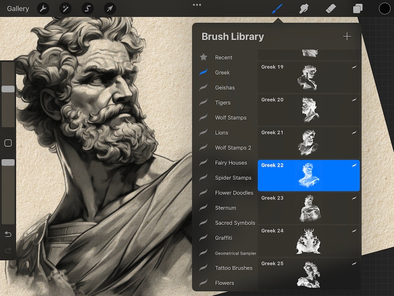 May include: A screenshot of a digital art app showing a brush library with a variety of brush options. The brush library is titled "Brush Library" and includes options such as "Greek 19", "Greek 20", "Greek 21", "Greek 22", "Greek 23", "Greek 24", and "Greek 25".