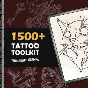 May include: A digital graphic featuring the text 1500+ TATTOO TOOLKIT PROCREATE STAMPS in white and gold. The background displays line art illustrations of a key, a grim reaper, a razor, and a face. A tablet screen shows a cat line drawing.