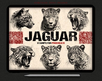 Procreate - 25 Jaguar Designs - Jaguar Portrait Tattoo Stamps - Digital Download- Jaguar Brushset