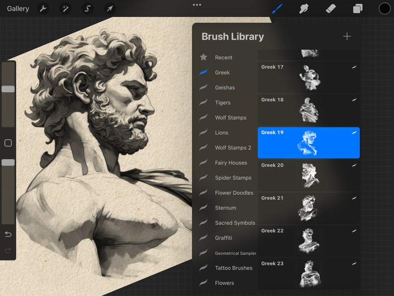 May include: A screenshot of a digital art app showing a brush library with a selection of brushes called "Greek" and numbered 17 through 23. The brush previews show a series of black and white images of a classical Greek statue.