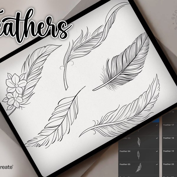 Procreate Feathers - 40 Feather Tattoo Designs - Feather Procreate Stamps - Tattoo Flash