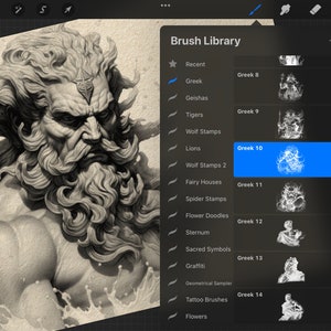 May include: A screenshot of a digital art app showing a brush library with a selection of Greek-themed brushes. The brushes are displayed in a grid with a preview image of each brush. The selected brush is highlighted in blue and shows a preview of a stylized image of a man with a beard and long hair.