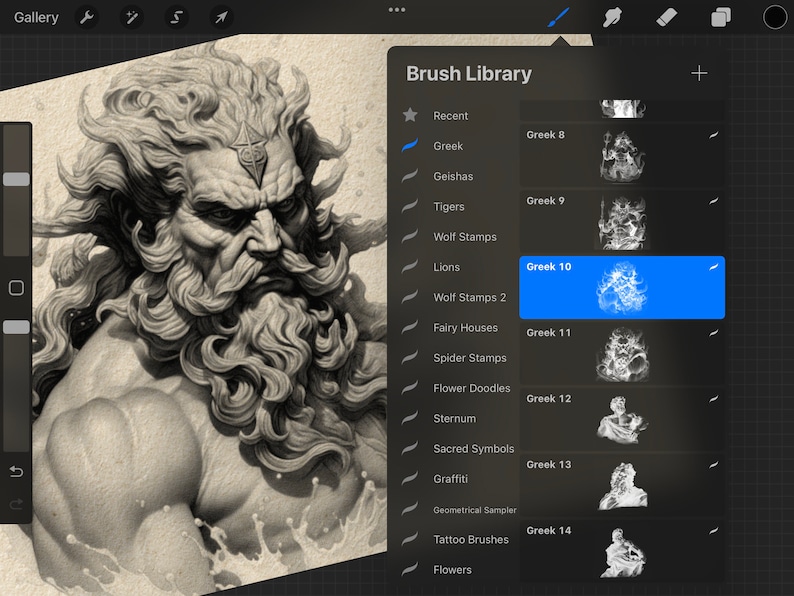 May include: A screenshot of a digital art app showing a brush library with a selection of Greek-themed brushes. The brushes are displayed in a grid with a preview image of each brush. The selected brush is highlighted in blue and shows a preview of a stylized image of a man with a beard and long hair.