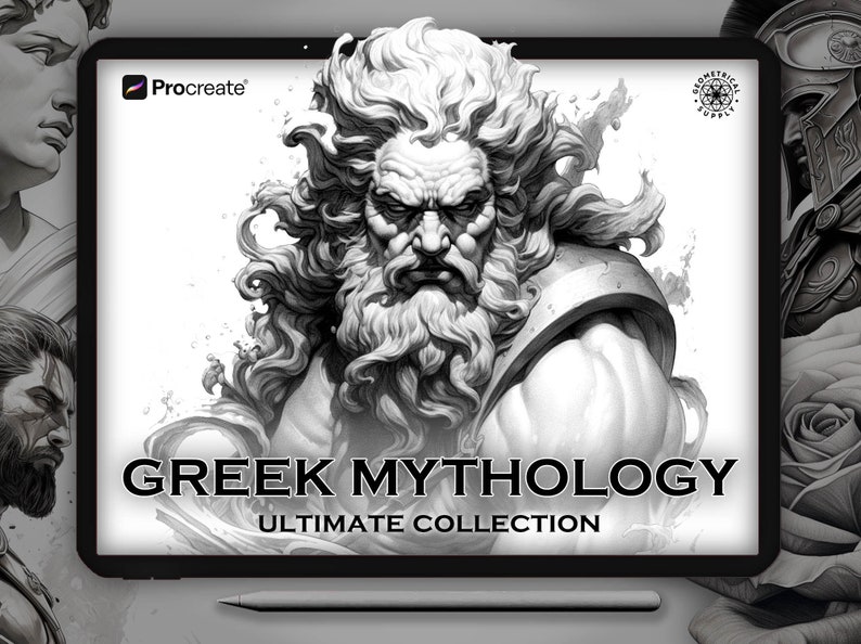 May include: A black and white digital illustration of a Greek god with a beard and long hair. The image is on a tablet screen with the text "Procreate" and "Greek Mythology Ultimate Collection".