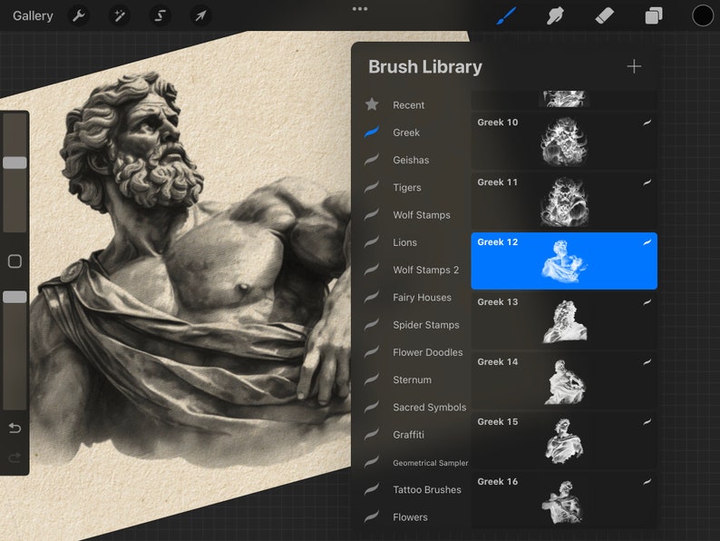 May include: A screenshot of a digital art app showing a brush library with a variety of brush sets, including "Greek 10", "Greek 11", "Greek 12", "Greek 13", "Greek 14", "Greek 15", and "Greek 16".
