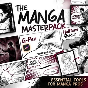 May include: A digital art pack titled "The Manga Masterpack" with manga-style illustrations. The image features panels with manga art, including action effects, shading techniques, and the use of a G-Pen for sharp line work. Text includes "Essential Tools for Manga Pros."
