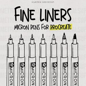 May include: Illustration of seven black and white Micron fine liners with different tip styles. The text "FINE LINERS" and "MICRON PENS FOR PROCREATE" are displayed above the pens. The brand name "MICRON" is printed on each pen.