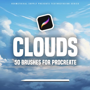 May include: A digital illustration of a blue sky with white clouds. The text "CLOUDS" is in large white letters with the text "50 BRUSHES FOR PROCREATE" below it. The Procreate app icon is in the upper right corner of the image.