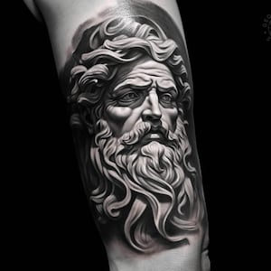 May include: Black and white tattoo of a man's face with a beard and long hair, styled in a realistic, 3D, sculpted look.