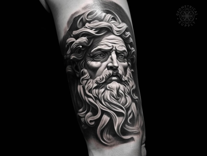 May include: Black and white tattoo of a man's face with a beard and long hair, styled in a realistic, 3D, sculpted look.