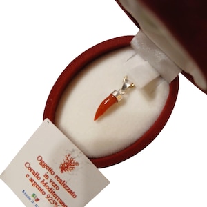 Op de afbeelding: Een rode koraal hanger in een rode fluwelen doos. De hanger is gemaakt van echte Middellandse Zee koraal en 925 zilver. De doos heeft een witte binnenkant en een label met de tekst "Oggetto realizzato in vero Corallo Mediterraneo e argento 925% Made in Italy".