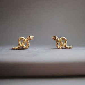 Op de afbeelding: Een paar gouden slang oorbel studs. De slangen zijn opgerold en hebben een getextureerd oppervlak.