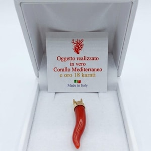May include: A red coral pendant in a white box. The pendant is shaped like a chilli pepper with a gold-coloured cap. A card inside the box reads "Made in Italy."