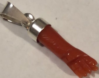 Coral rojo mediterráneo mano figa montada y plata de ley 925, Amuleto de protección belleza marina, amuleto de buena suerte, coral grabado a mano