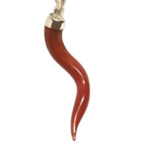May include: A curved, horn-shaped pendant with a smooth, deep red finish. The pendant features a polished silver-toned metal cap at the top, which includes a small integrated loop for attachment to a chain or cord, creating a sleek, minimalist look.