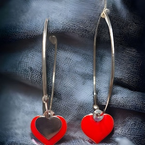 Hoop earrings in rhodium plated 925 silver with red heart pendant, Made in Italy,  Italian earrings, matchable jewels