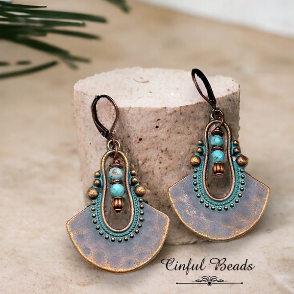 Turquoise Patina Boho Dangle Earrings - Antique Copper Ethnic Earrings With Turquoise Magnesite Beads - Rustic Dangle Pendant Earrings