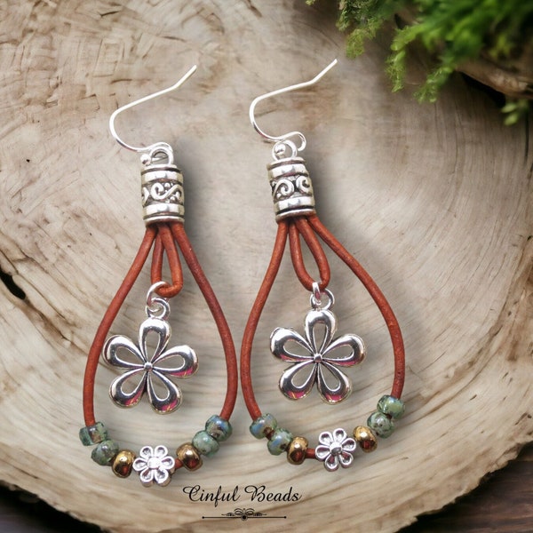 Flower Dangle Leather Earrings, Boho Seed Bead Earrings Picasso  Seafoam And Metallic Bronze