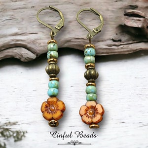 Lightweight Minimalist Stick Earrings with Czech Glass Flower Beads and Turquoise Picasso Beads - Customized Earwires