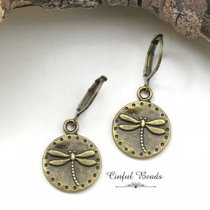 Dainty Boho Antique Bronze Dragonfly Earrings - Dragonfly Dangle Charm Earrings - Minimalist Antique Bronze Dragonfly Earrings