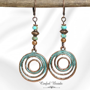 Boho Antique Copper Dangle Earrings - Copper Tribal Drop Earrings - Rustic Pendant Earrings - Copper Earrings With  Turquoise Sea Sediment